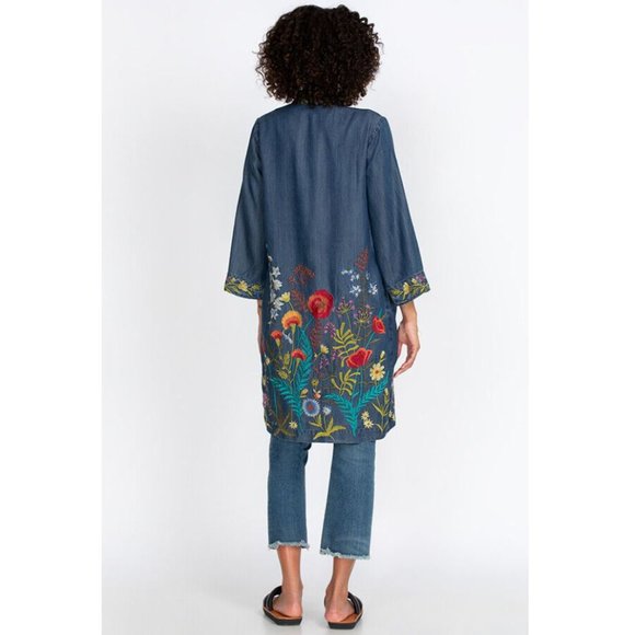 Johnny Was Kimono Long Provence Coat Denim Blue Embroidery Jacket Floral NEW - Picture 3 of 8
